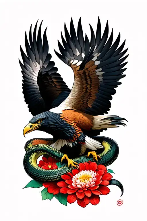 Japanese-style full-color caracara eagle in mid flight with snake wrapped, include a deep red chrysanthemum flower  tattoo design idea