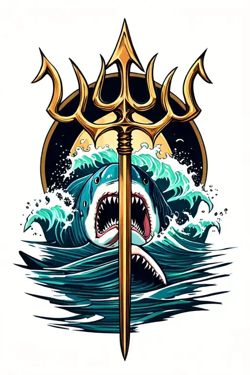Poseidons Trident With Waves crashing and shark swimming tattoo design idea