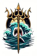 Poseidons Trident With Waves crashing and shark swimming tattoo design idea