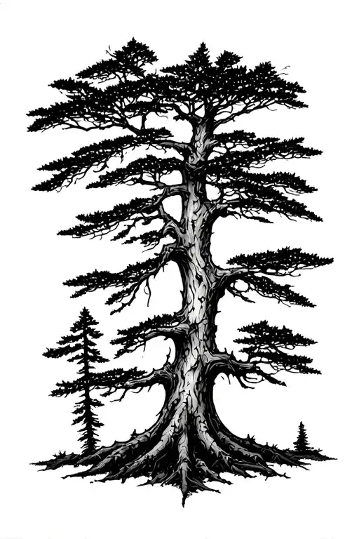 cedar tree in a burned forest tattoo design idea