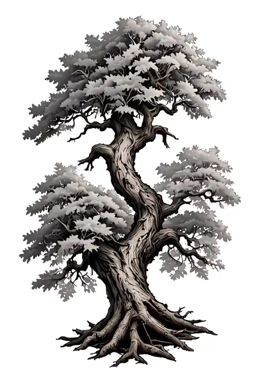 A black and grey tattoo design in neo-traditional style, featuring two intertwined trees: one Quercus suber (Cork Oak) a tattoo design idea
