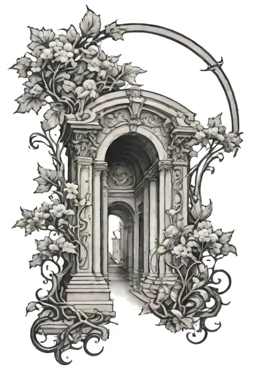 arch monument with plain vines wrapping the arch, and dark lightening inside the arch. tattoo design idea