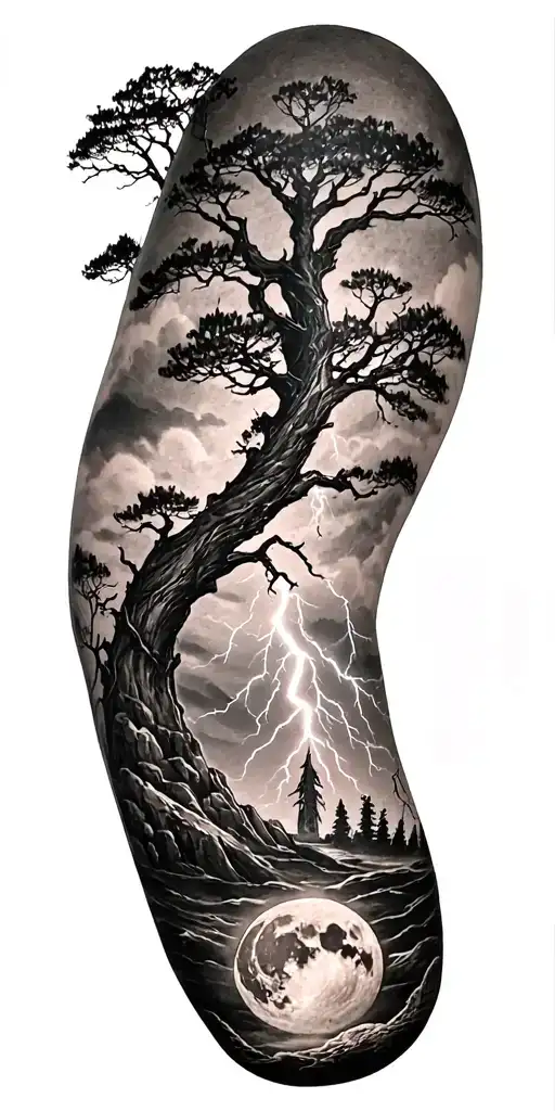 viking rume and moon and tree and lightning bolt tattoo design idea