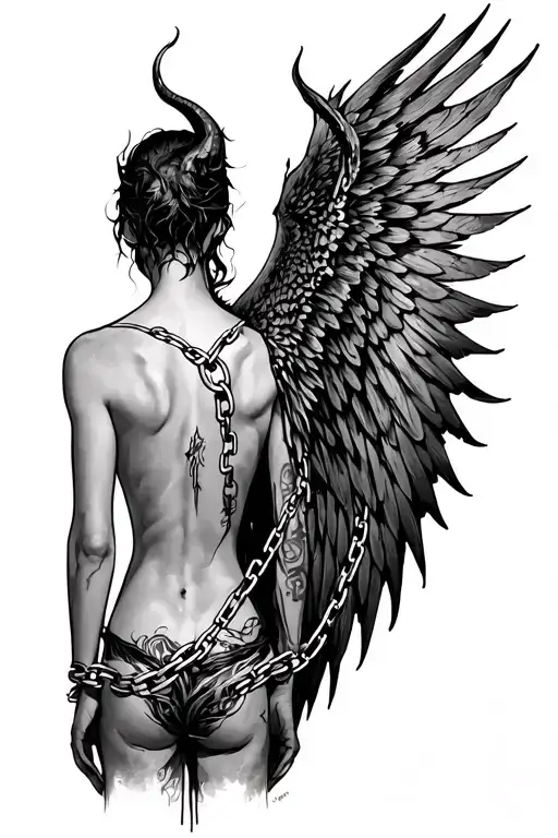Back tattoo, left side seriphim wing, right side chained demon wing. Down the middle says “I am not the product of my ci tattoo design idea