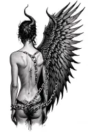 Back tattoo, left side seriphim wing, right side chained demon wing. Down the middle says “I am not the product of my ci tattoo design idea