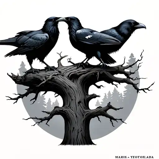 nordic tree with 2 ravens perched atop tattoo design idea