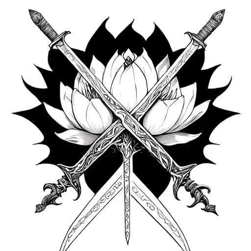 lotus and assassin swords crossed tattoo design idea
