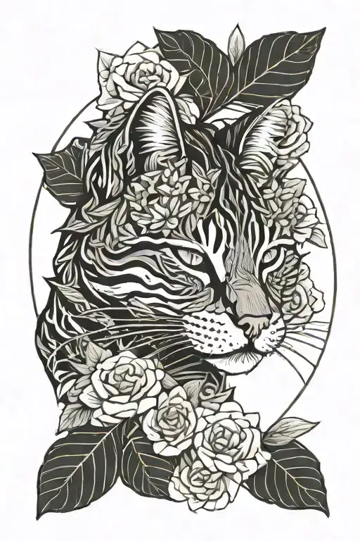 sleeping tabby cat in circle of flowers intertwined tattoo design idea