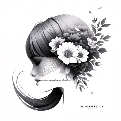 Minimalist woman silhouette fine line with flowers hiding the face, with the proverbs verse 31:29 tattoo design idea