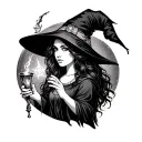 witch casting spells oujia black white tattoo design idea