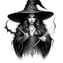 witch casting spells oujia black white tattoo design idea