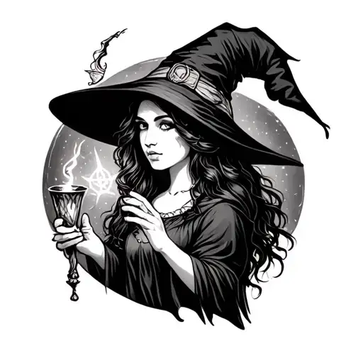 witch casting spells oujia black white tattoo design idea