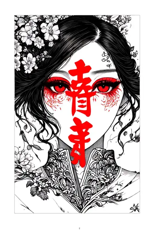 Japanese women face with red japanese word instead of her eyes tattoo design idea