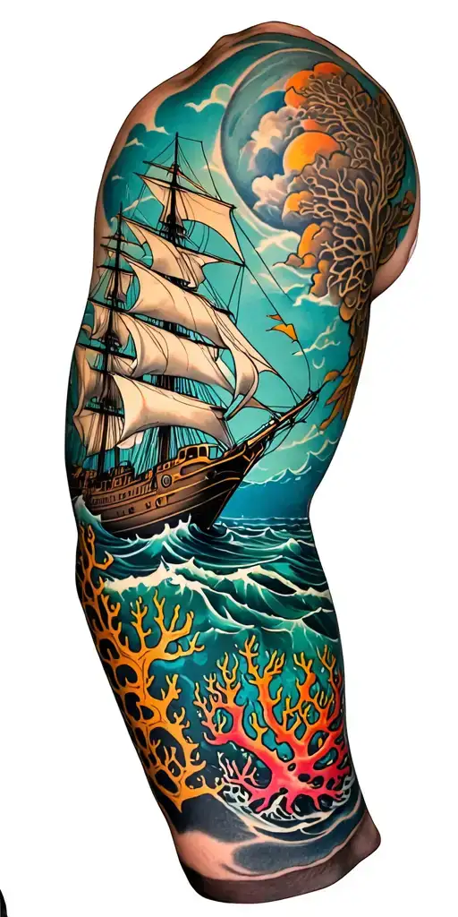 A full arm tattoo sleeve in bold neo-traditional style, ocean themed. A dramatic shipwreck at the base with coral and wa tattoo design idea