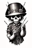 voodoo doll with cylinder hat and needles on his own hand tattoo design idea