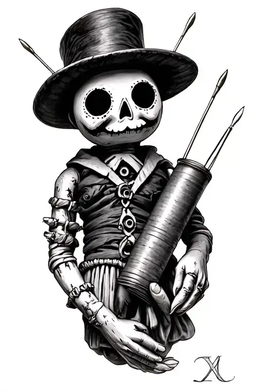 voodoo doll with cylinder hat and needles on his own hand tattoo design idea
