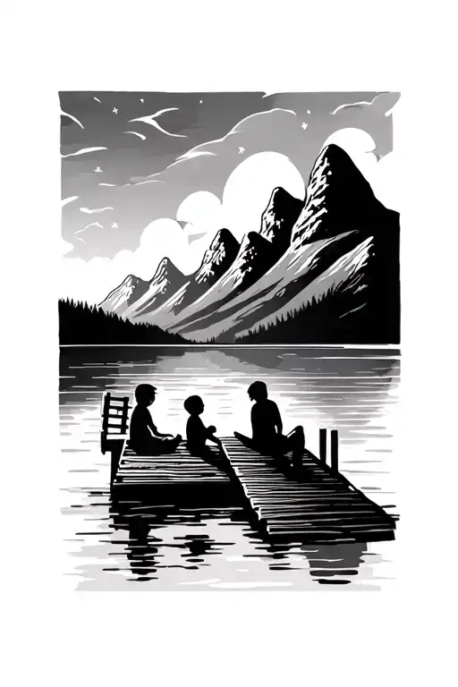 nature with mountains water and land with silhouette of two children sitting on a dock tattoo design idea