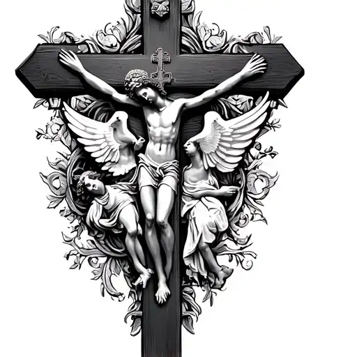 crucifix 3 crosses, rosary, dove tattoo design idea