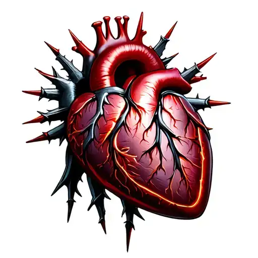 Realistic heart, holy nail inside it, thorn crown hanging tattoo design idea