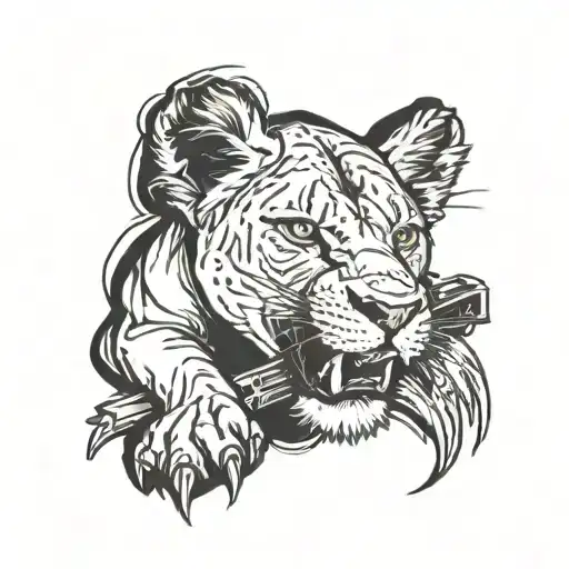A lioness with a gun in her paw, symbolizing strength and empowerment tattoo design idea