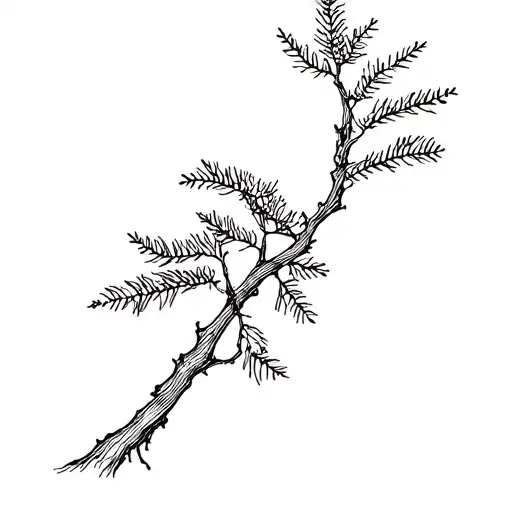Minimalist tattoo design, black and white line art, an intertwined cypress tree and mimosa branch, clean outlines, fine  tattoo design idea