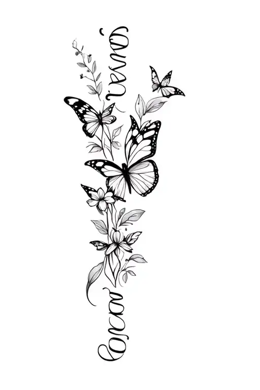 flowers, butterflies, name Isabelle in cursive integrated in vertical tattoo design idea