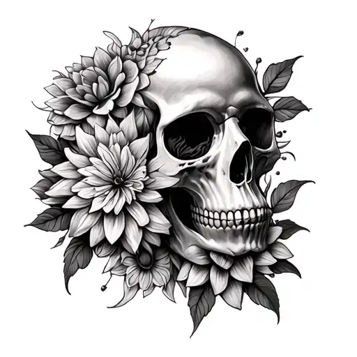 skull, mandalas, dahlia flowers intertwined tattoo design idea