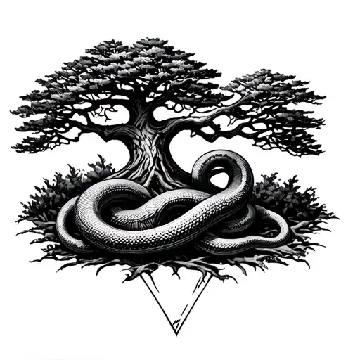 a yew tree of knowledge of good and evil, with the tree trunk being a body of a snake tattoo design idea