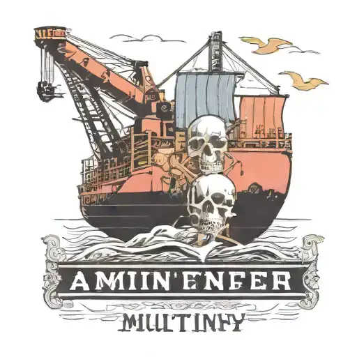 Container Ship with a crane behind and a skull and anchor and text MUTINY below tattoo design idea