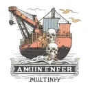 Container Ship with a crane behind and a skull and anchor and text MUTINY below tattoo design idea