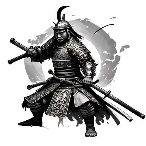 A samurai warrior in traditional armor, detailed katana, symbol of discipline and honor. tattoo design idea