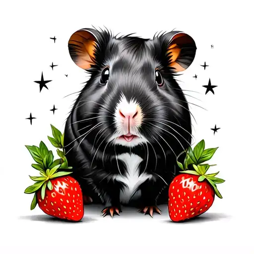 A guinea pig surrounded by strawberry plants with small star details. tattoo design idea