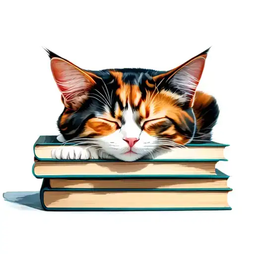 calico cat sleeping on books tattoo design idea