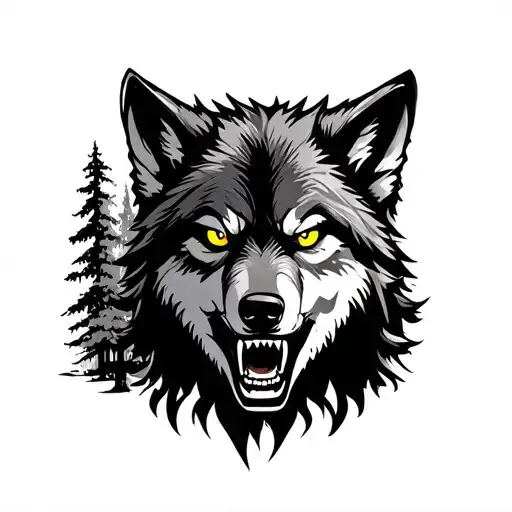 angry wolf with yellow eyes and trees realisim tattoo design idea