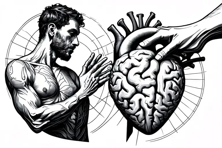 Man being pulled apart by a heart and a brain tattoo design idea