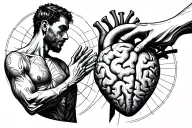 Man being pulled apart by a heart and a brain tattoo design idea