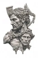 David carrying Goliath head surrounded tattoo design idea