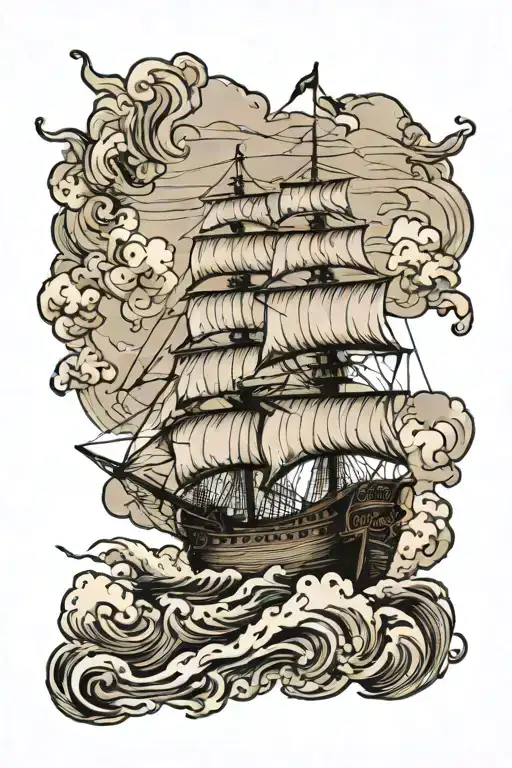 Galleon Ship bow 3/4  clouds, rough sea waves tattoo design idea