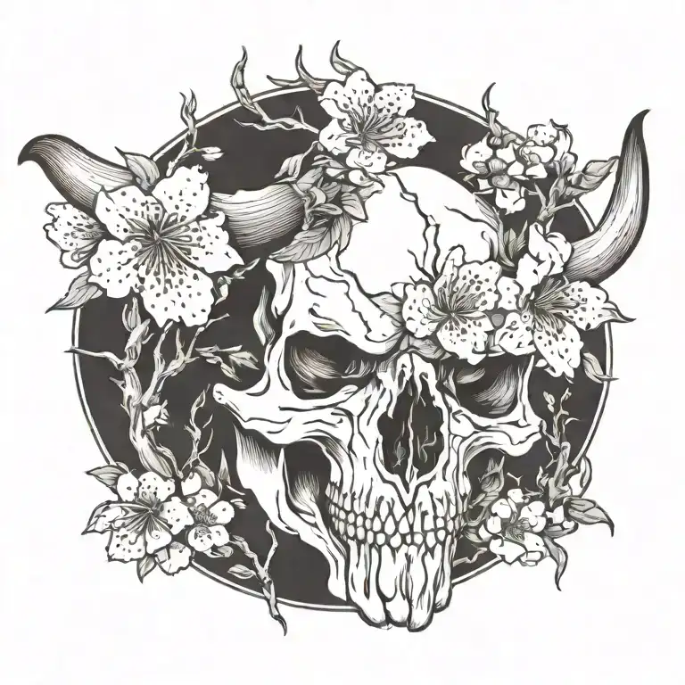 bull skull cherry blossoms  tattoo design idea