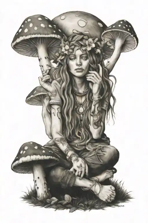 hippie girl meditating on a m ushroom  tattoo design idea