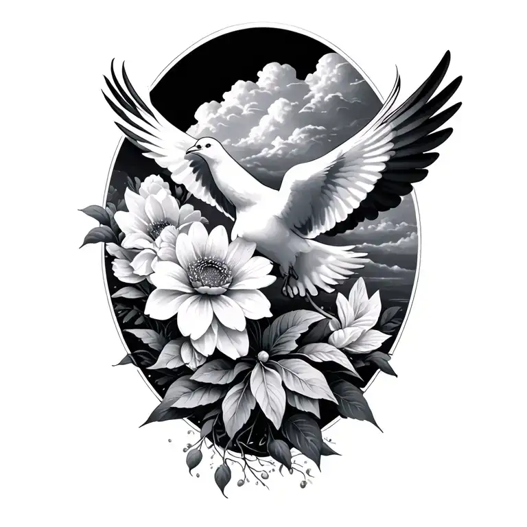 doves and a flower and heavenly cloud background tattoo design idea