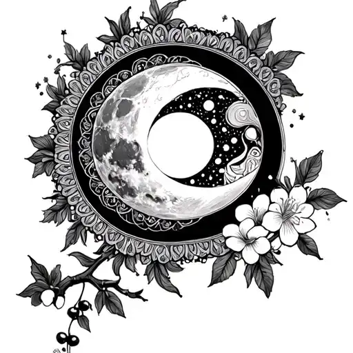 moon and sun mandala with cherry blossoms and ornament tattoo design idea