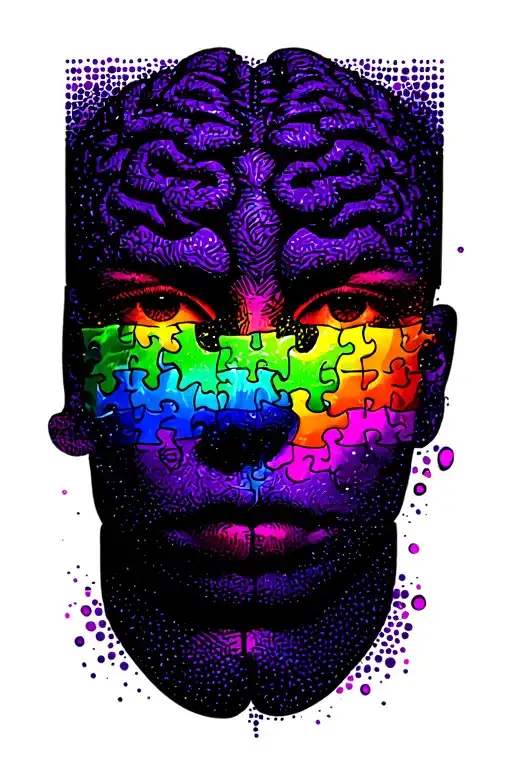 autism rainbow puzzle piece and brain with blue purple shading tattoo design idea