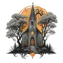 Dark nordic burning church black grey orange fire tattoo design idea