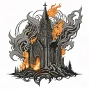 Dark nordic burning church black grey orange fire tattoo design idea