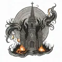 Dark nordic burning church black grey orange fire tattoo design idea