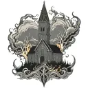 Dark nordic burning church black grey orange fire tattoo design idea