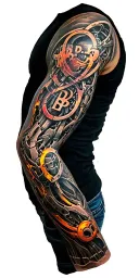 vertical text "B.B.P.O.".  biomechanical sleeve reflecting true underlying biology of arm that blends to mechanics tattoo design idea