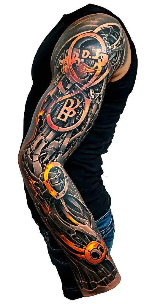 vertical text "B.B.P.O.".  biomechanical sleeve reflecting true underlying biology of arm that blends to mechanics tattoo design idea