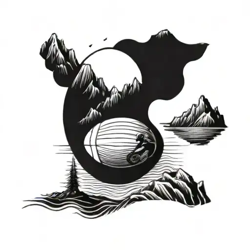 Illustrate a rugby ball floating in the ocean surrounded by mountain peaks and a cyclist riding along the shore tattoo design idea